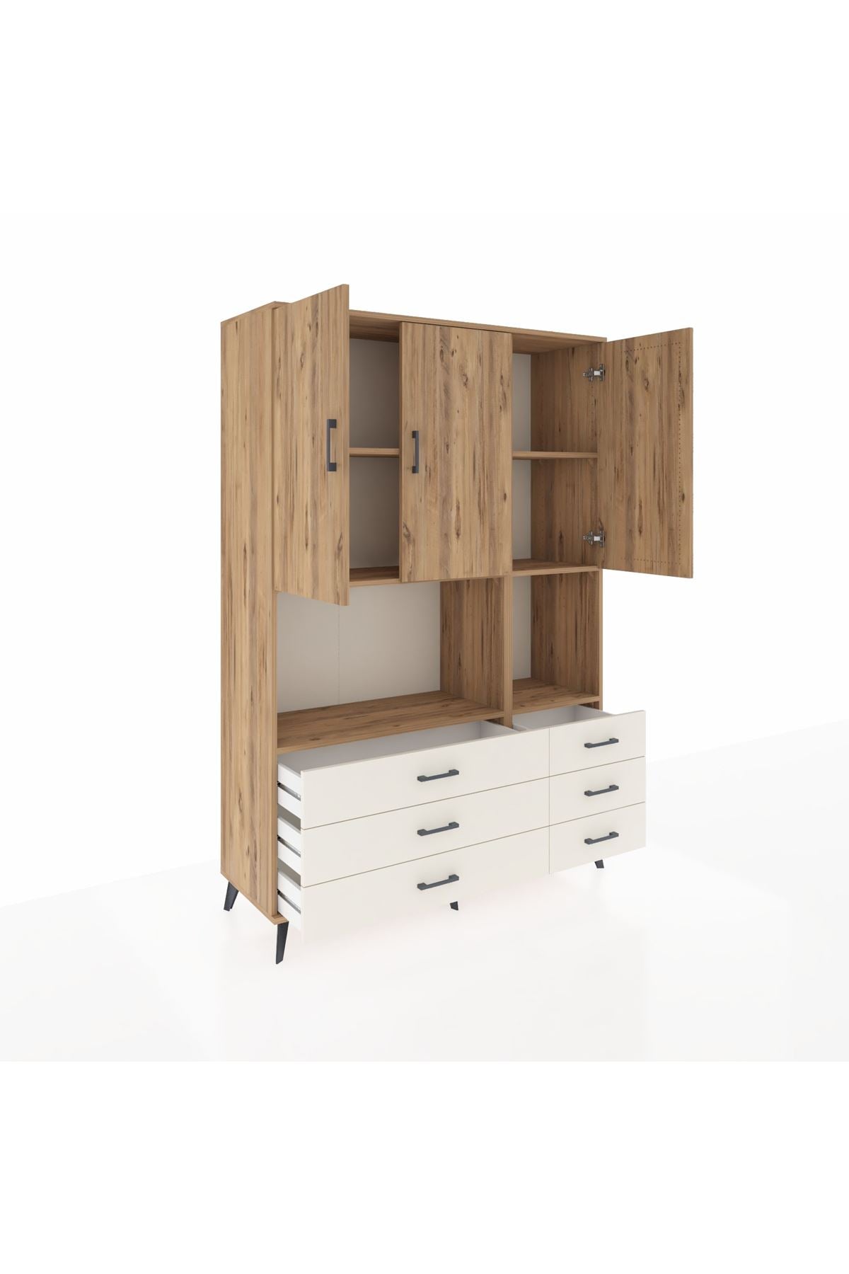 Hyperion Dolap 6 Raflı 6 Çekmeceli 3 Kapaklı 132x44x195 Çam-Çam/Aytaşı