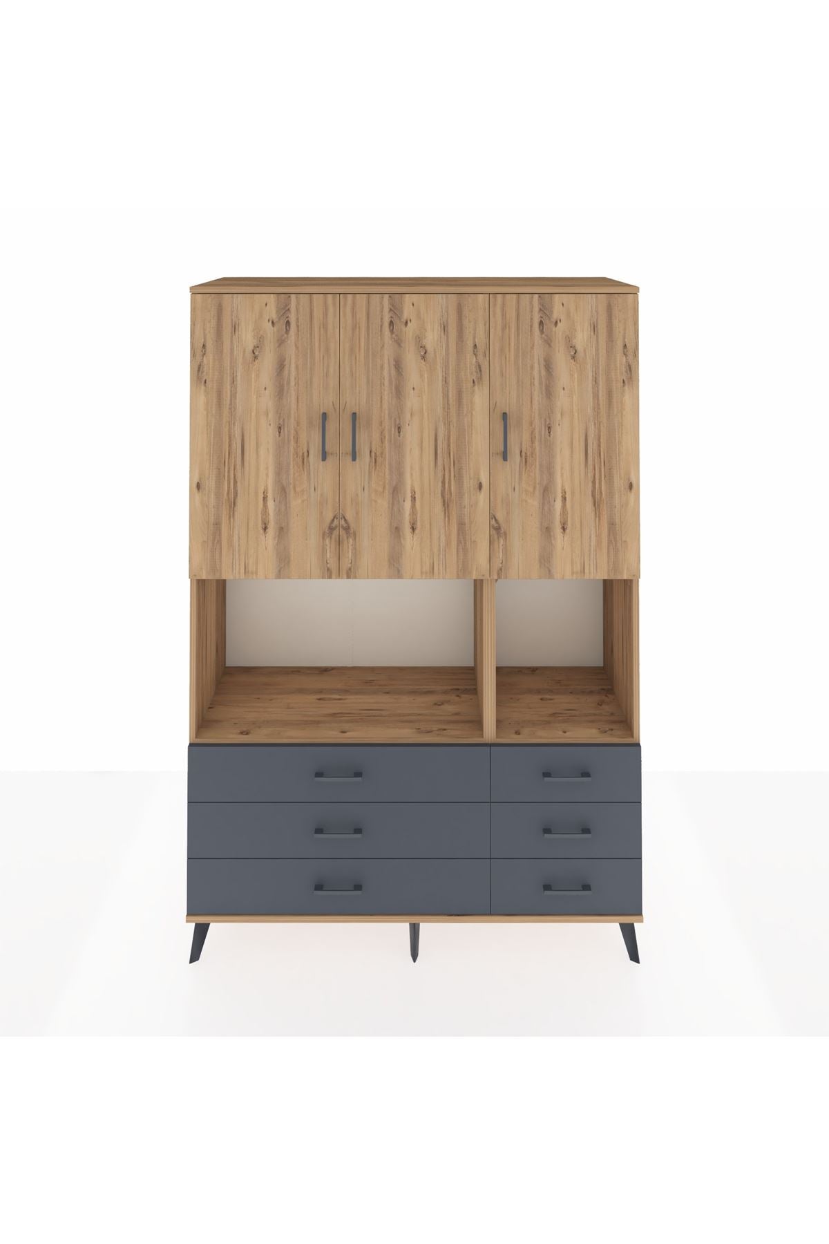 Hyperion Dolap 6 Raflı 6 Çekmeceli 3 Kapaklı 132x44x195 Çam-Çam/Antrasit