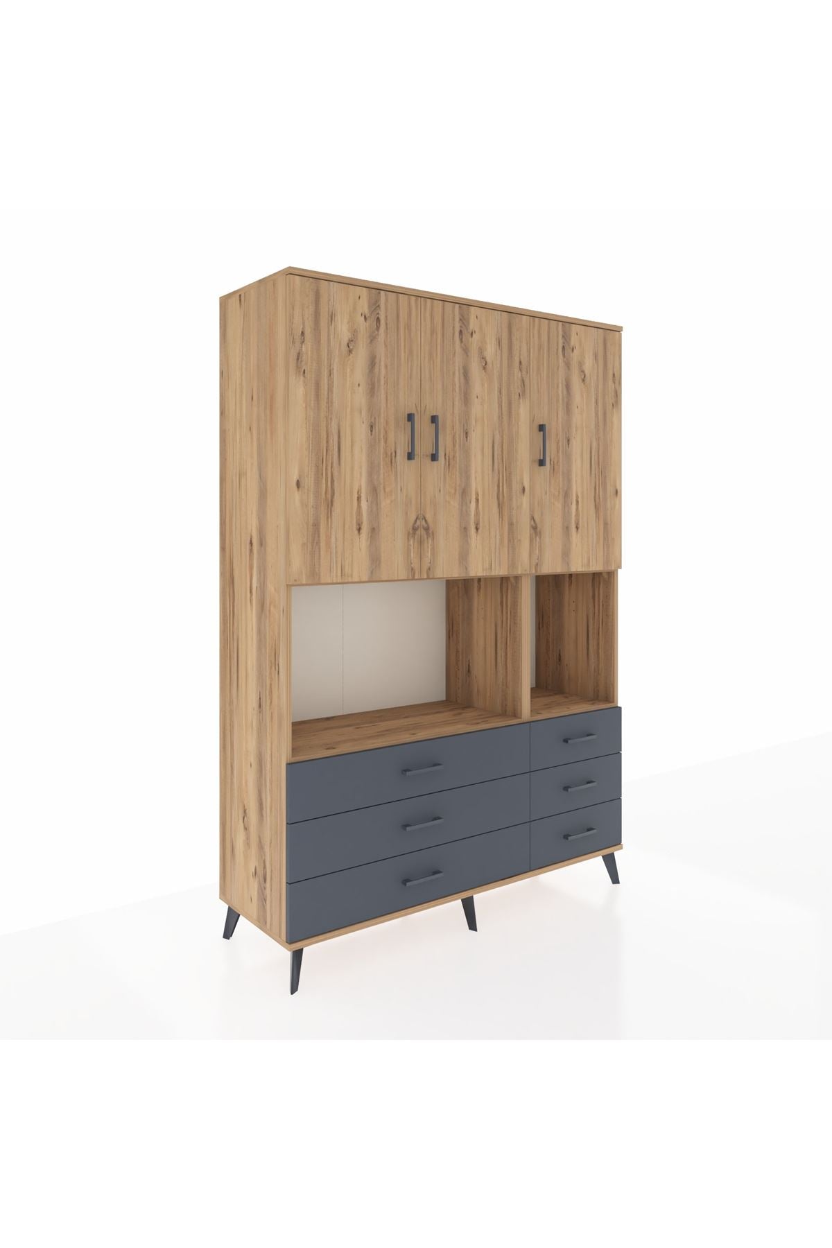 Hyperion Dolap 6 Raflı 6 Çekmeceli 3 Kapaklı 132x44x195 Çam-Çam/Antrasit