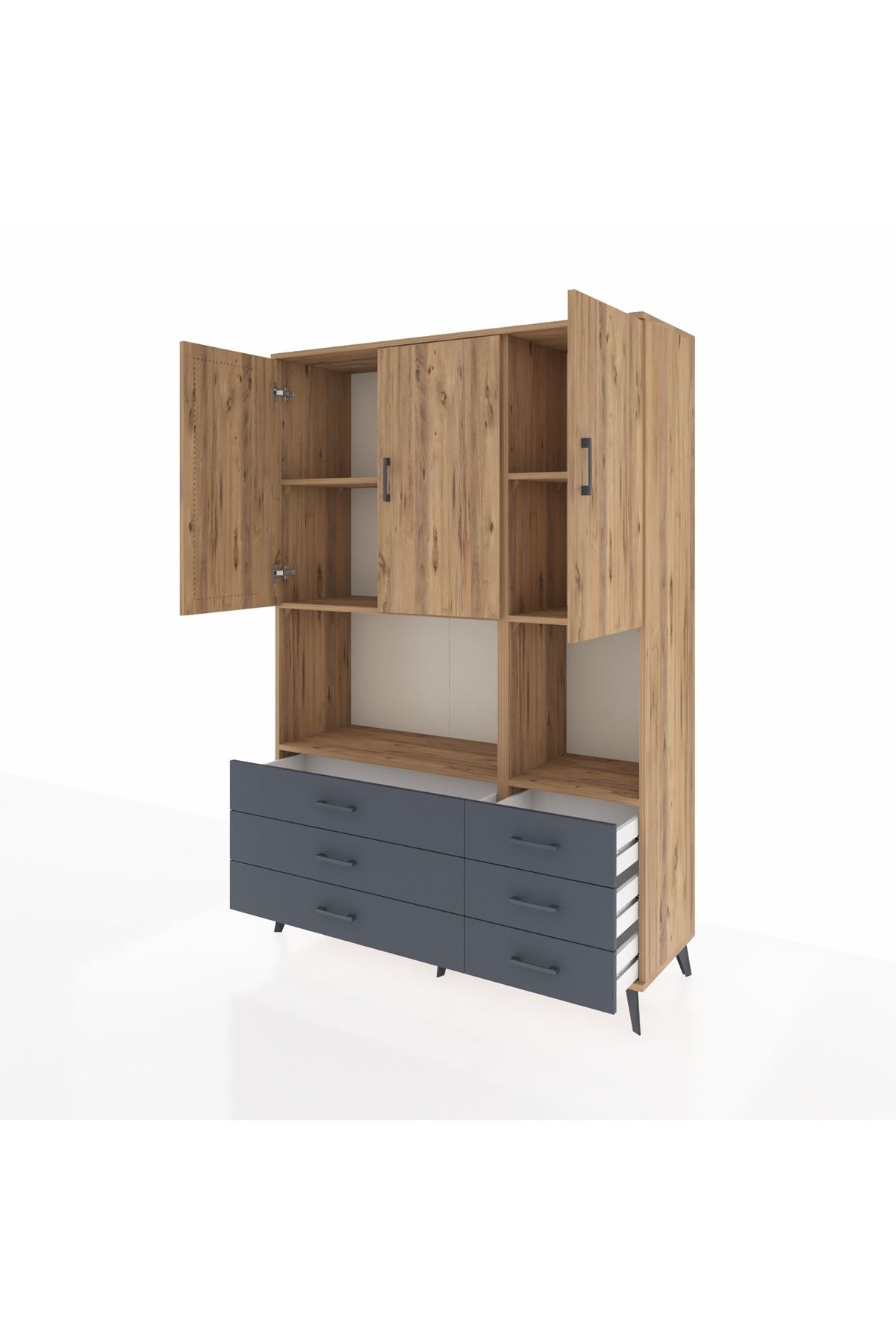 Hyperion Dolap 6 Raflı 6 Çekmeceli 3 Kapaklı 132x44x195 Çam-Çam/Antrasit