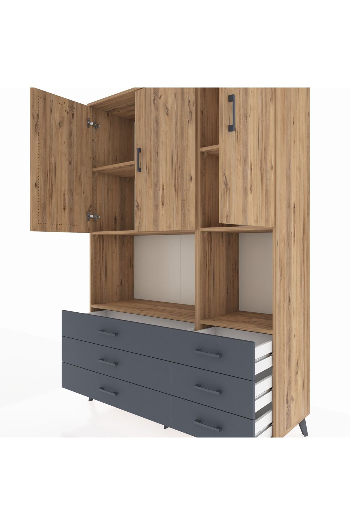 Hyperion Dolap 6 Raflı 6 Çekmeceli 3 Kapaklı 132x44x195 Çam-Çam/Antrasit