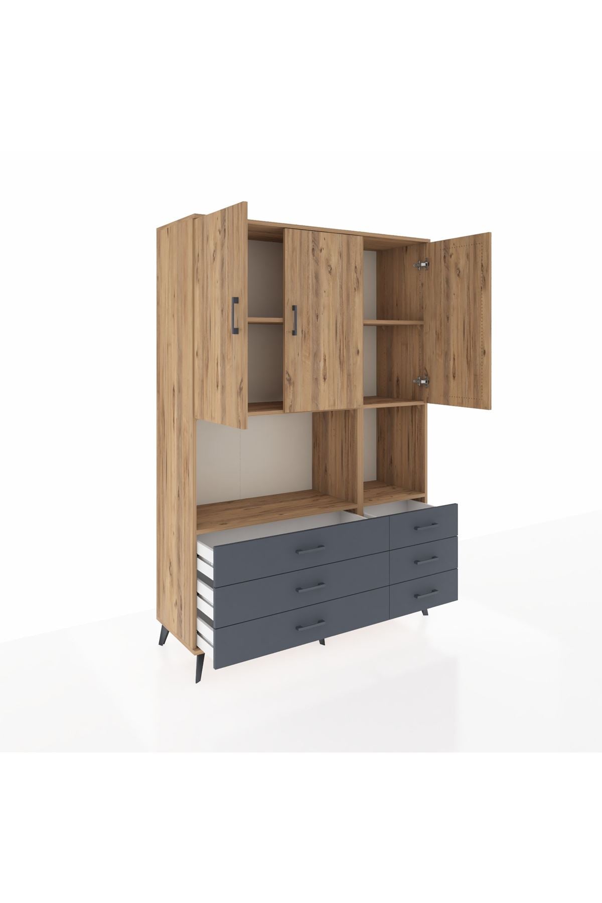 Hyperion Dolap 6 Raflı 6 Çekmeceli 3 Kapaklı 132x44x195 Çam-Çam/Antrasit