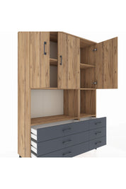 Hyperion Dolap 6 Raflı 6 Çekmeceli 3 Kapaklı 132x44x195 Çam-Çam/Antrasit