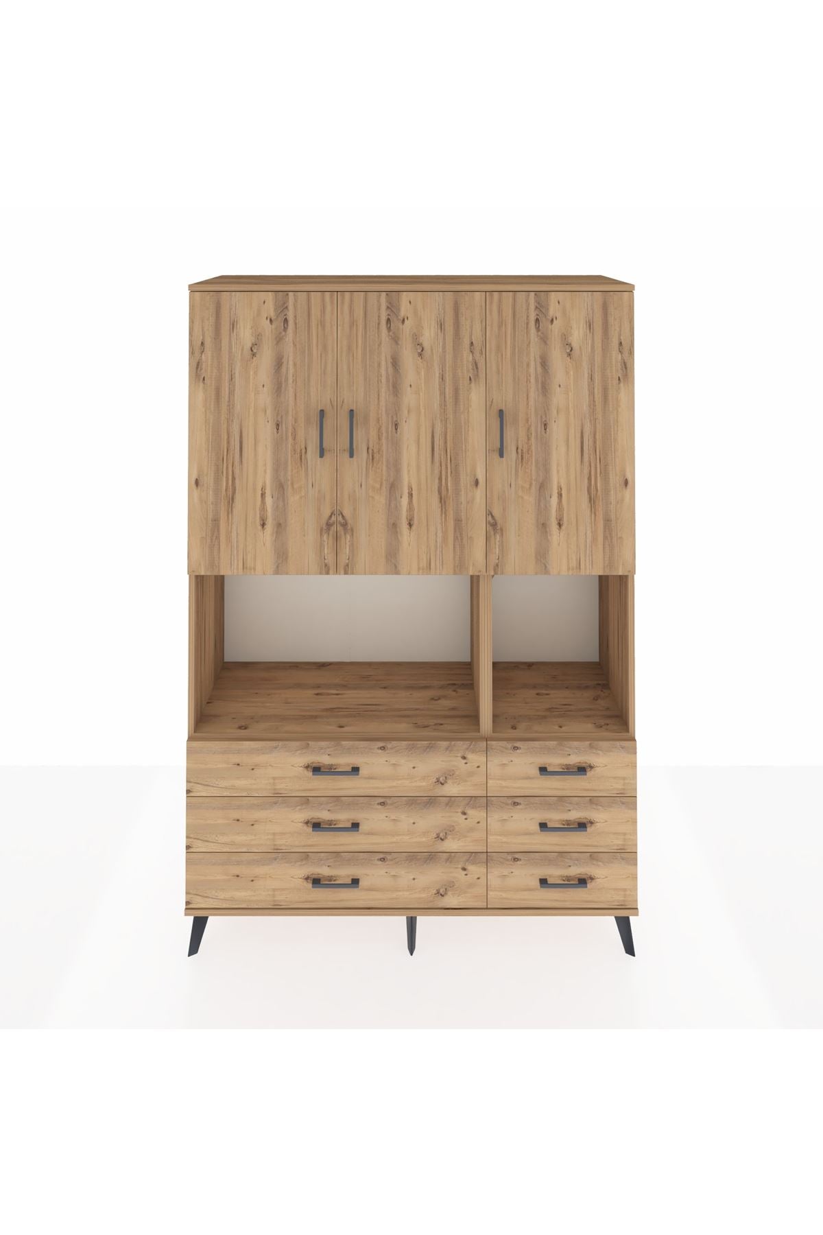 Hyperion Dolap 6 Raflı 6 Çekmeceli 3 Kapaklı 132x44x195 Çam-Çam/Çam