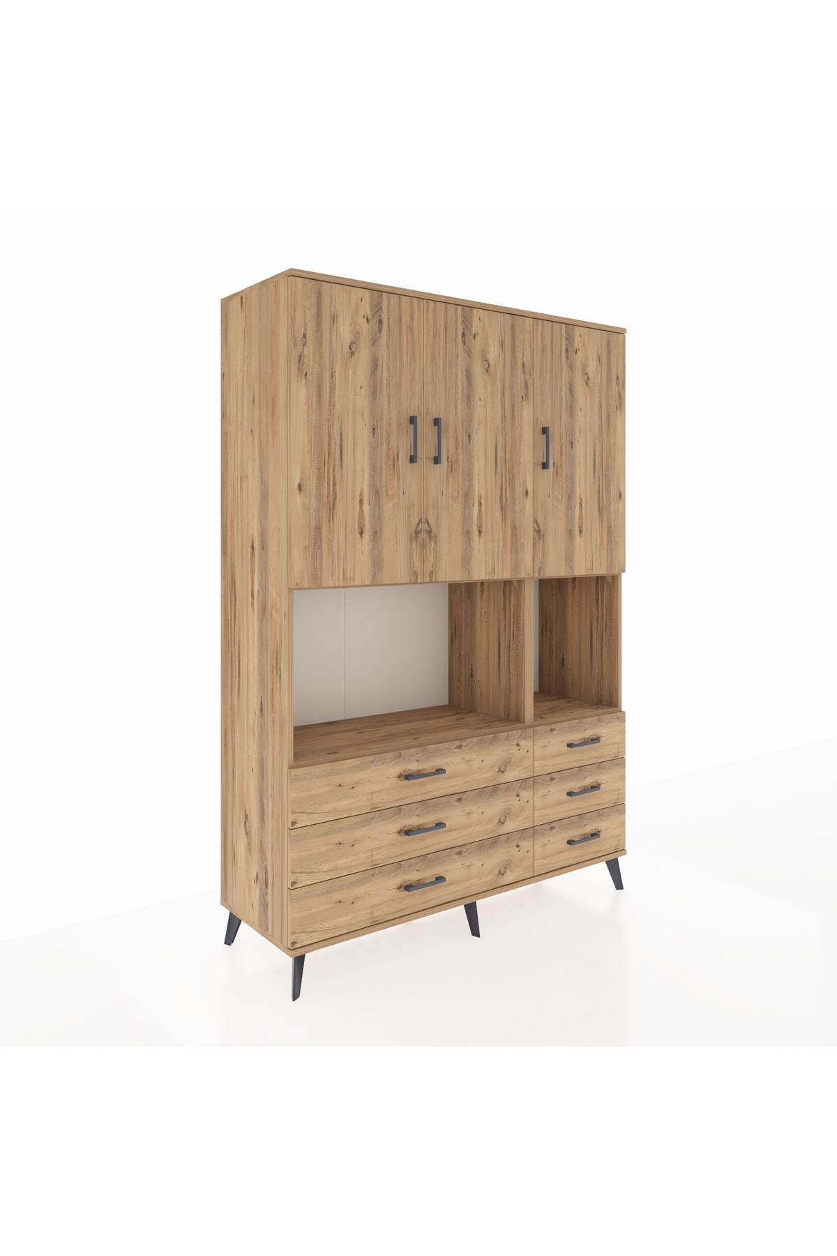 Hyperion Dolap 6 Raflı 6 Çekmeceli 3 Kapaklı 132x44x195 Çam-Çam/Çam