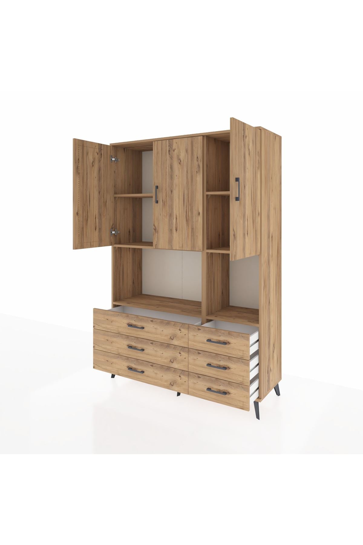 Hyperion Dolap 6 Raflı 6 Çekmeceli 3 Kapaklı 132x44x195 Çam-Çam/Çam