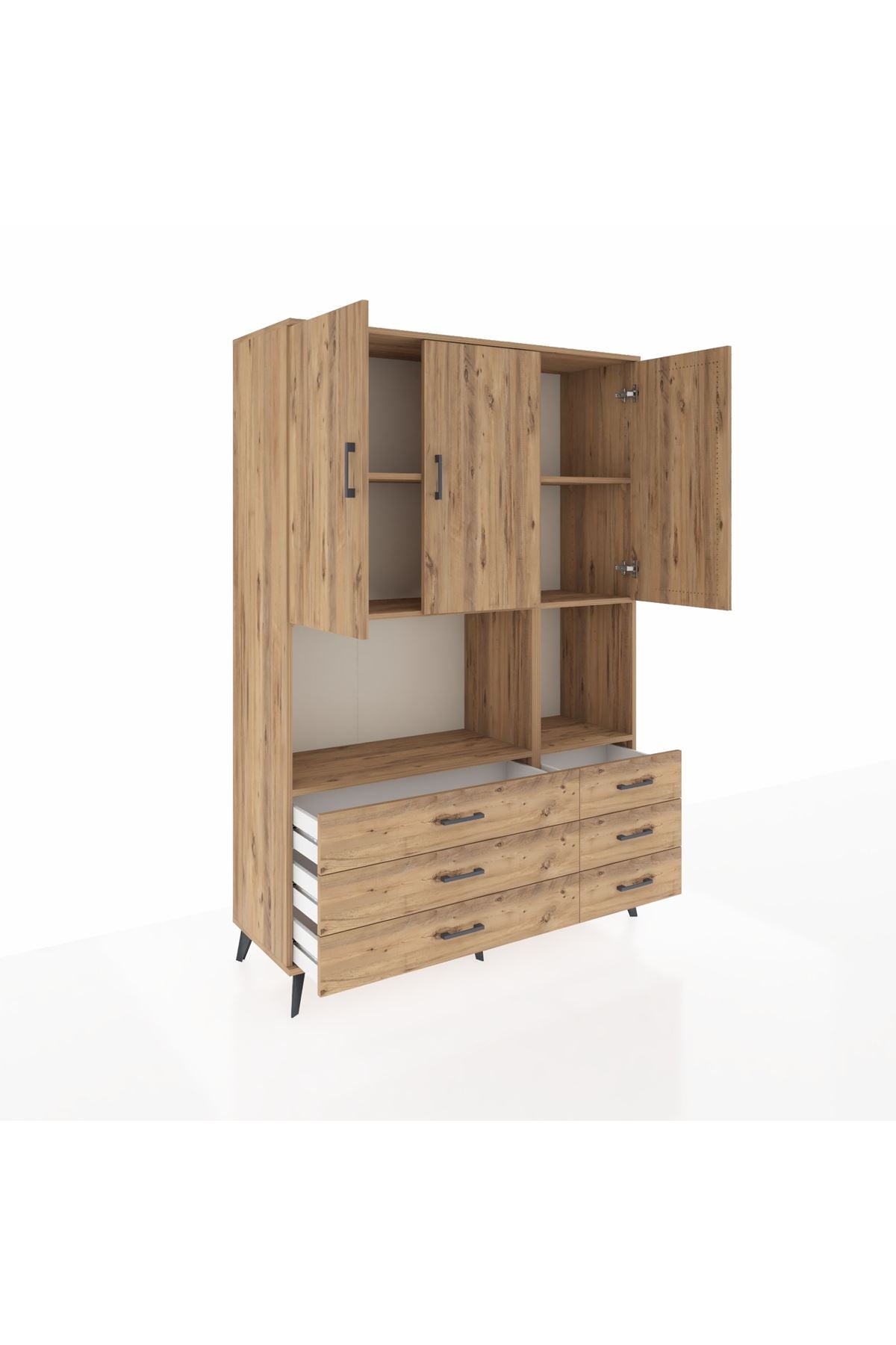 Hyperion Dolap 6 Raflı 6 Çekmeceli 3 Kapaklı 132x44x195 Çam-Çam/Çam