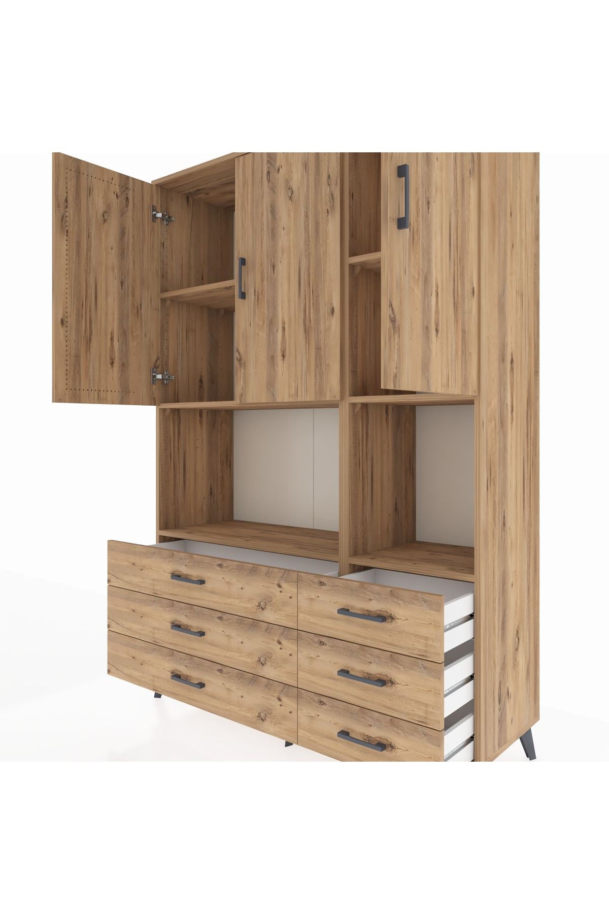 Hyperion Dolap 6 Raflı 6 Çekmeceli 3 Kapaklı 132x44x195 Çam-Çam/Çam