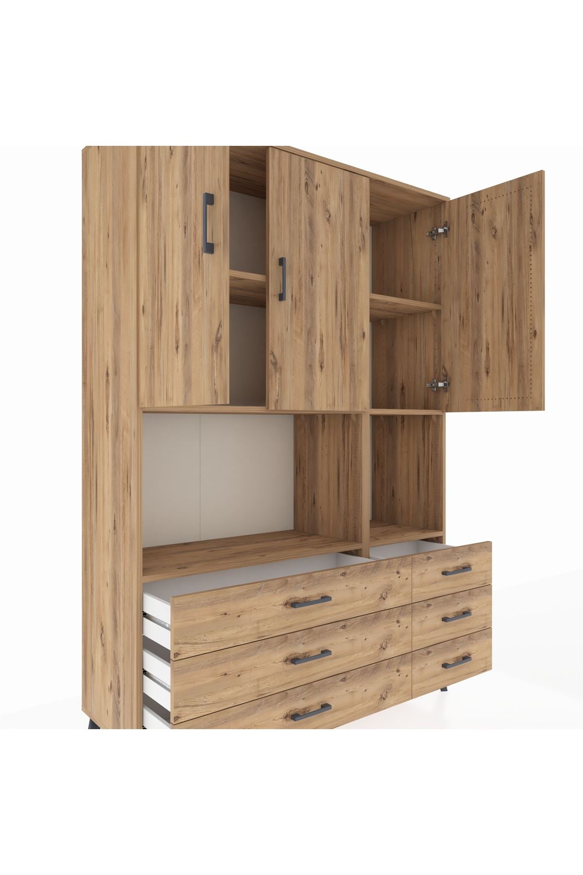 Hyperion Dolap 6 Raflı 6 Çekmeceli 3 Kapaklı 132x44x195 Çam-Çam/Çam