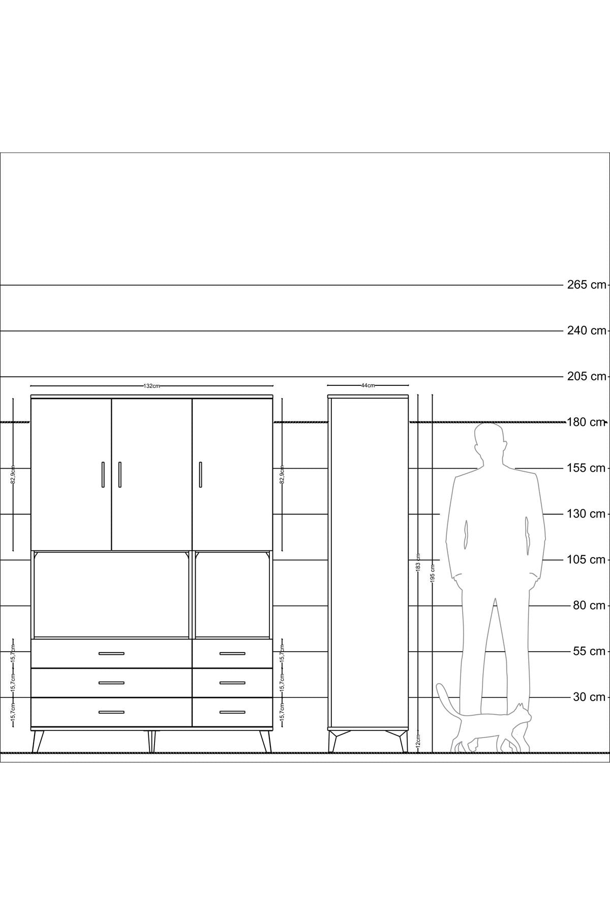 Hyperion Dolap 6 Raflı 6 Çekmeceli 3 Kapaklı 132x44x195 Çam-Çam/Çam