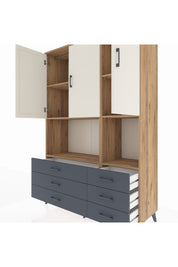 Hyperion Dolap 6 Raflı 6 Çekmeceli 3 Kapaklı 132x44x195 Çam-Aytaşı/Antrasit
