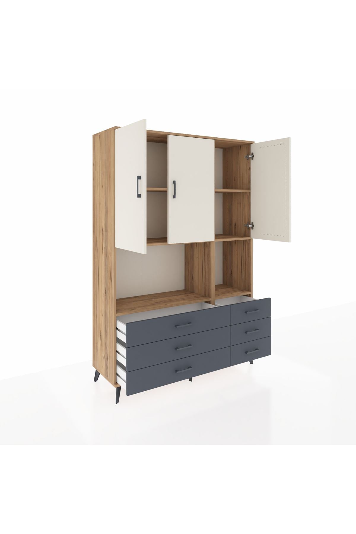 Hyperion Dolap 6 Raflı 6 Çekmeceli 3 Kapaklı 132x44x195 Çam-Aytaşı/Antrasit
