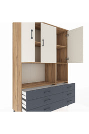 Hyperion Dolap 6 Raflı 6 Çekmeceli 3 Kapaklı 132x44x195 Çam-Aytaşı/Antrasit