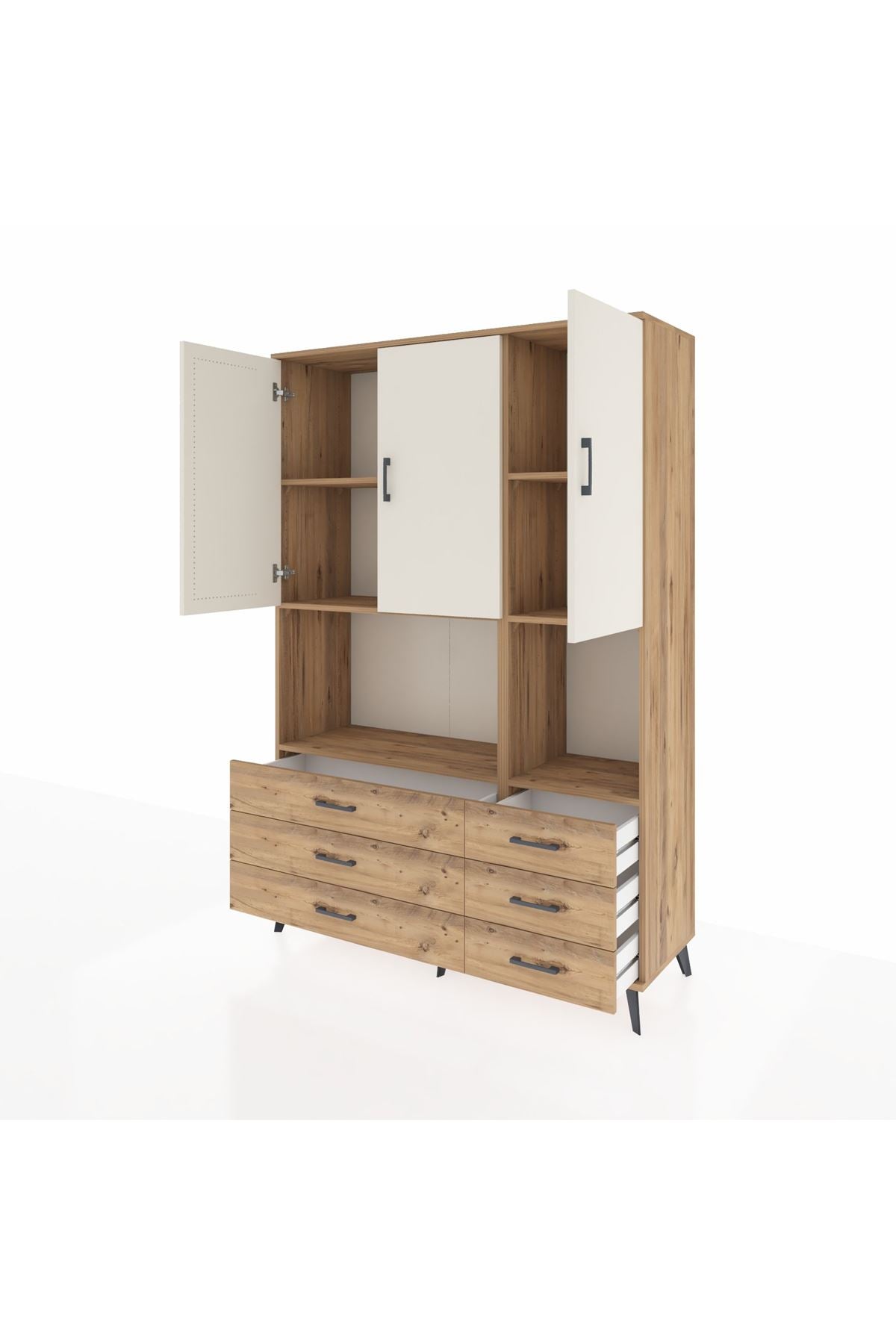 Hyperion Dolap 6 Raflı 6 Çekmeceli 3 Kapaklı 132x44x195 Çam-Aytaşı/Çam