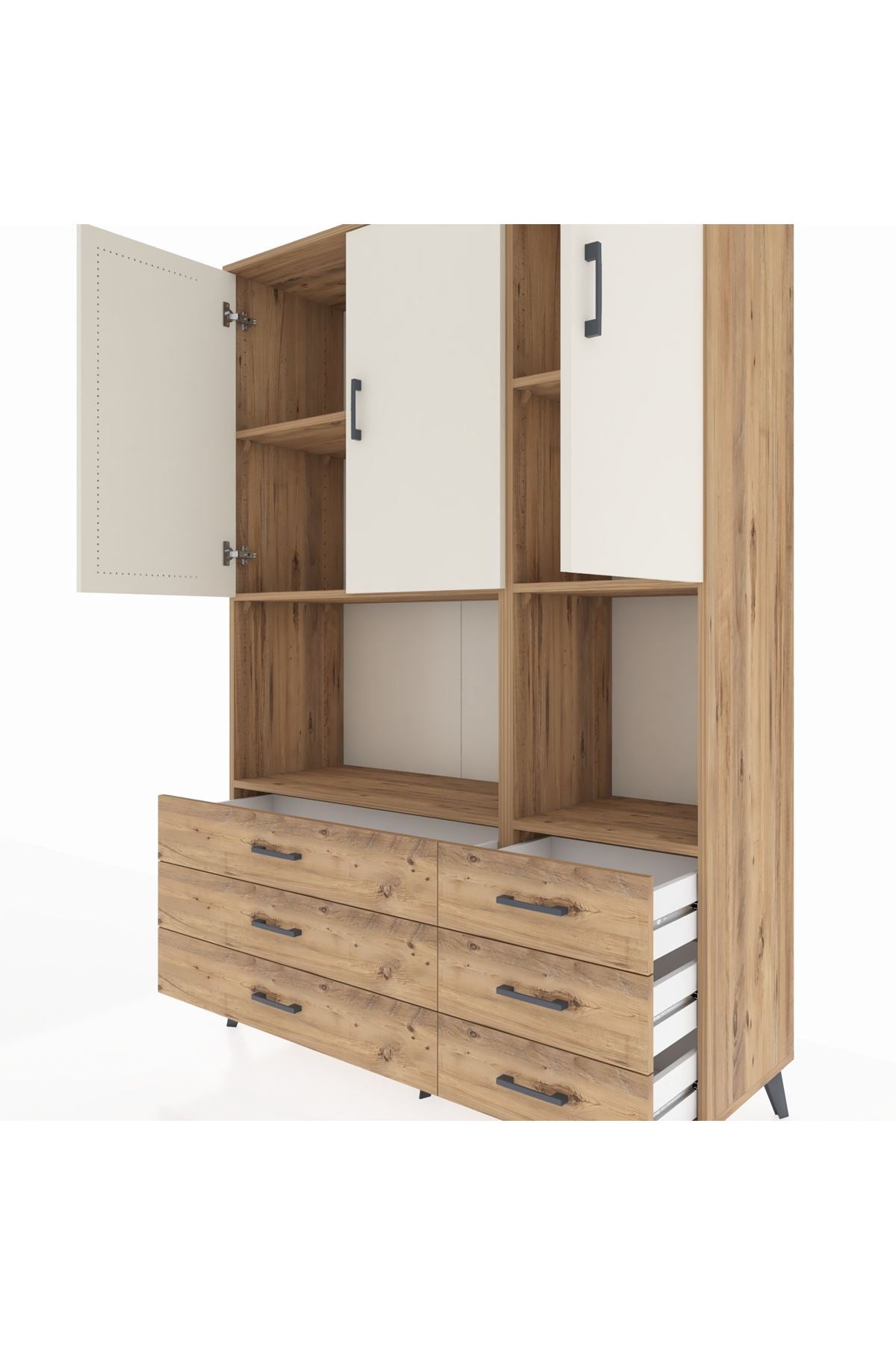 Hyperion Dolap 6 Raflı 6 Çekmeceli 3 Kapaklı 132x44x195 Çam-Aytaşı/Çam