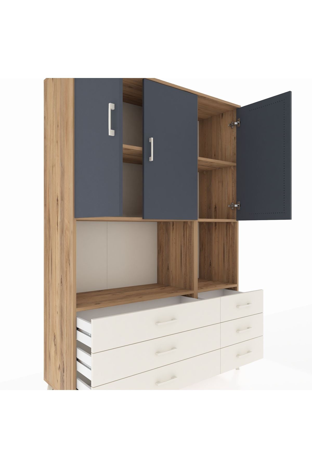 Hyperion Dolap 6 Raflı 6 Çekmeceli 3 Kapaklı 132x44x195 Çam-Antrasit/Aytaşı