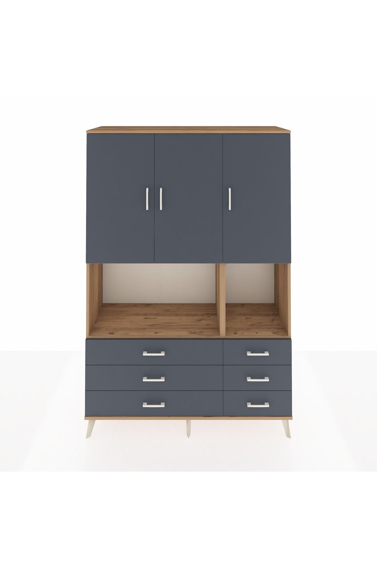 Hyperion Dolap 6 Raflı 6 Çekmeceli 3 Kapaklı 132x44x195 Çam-Antrasit/Antrasit