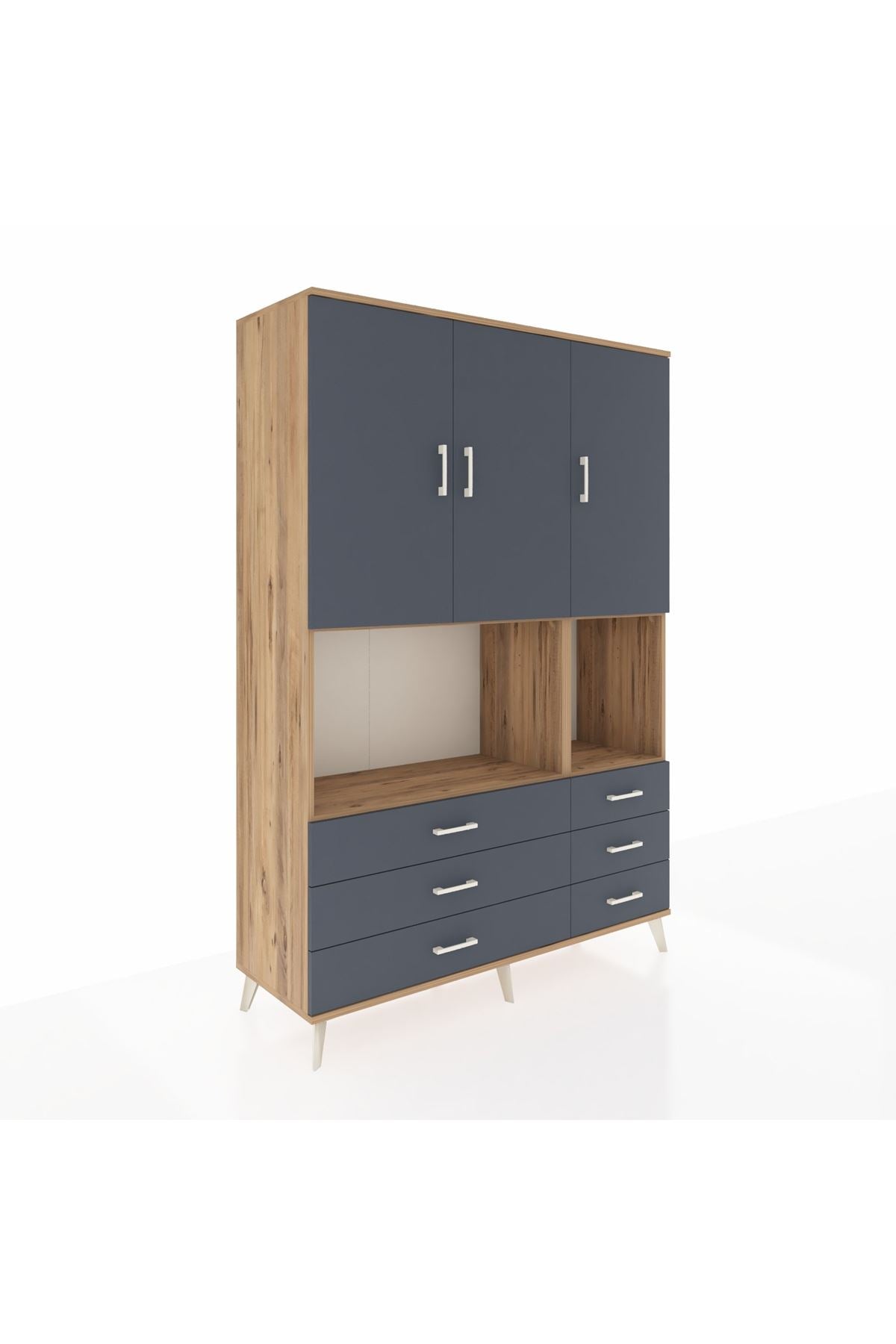 Hyperion Dolap 6 Raflı 6 Çekmeceli 3 Kapaklı 132x44x195 Çam-Antrasit/Antrasit