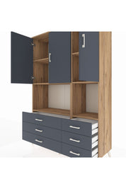 Hyperion Dolap 6 Raflı 6 Çekmeceli 3 Kapaklı 132x44x195 Çam-Antrasit/Antrasit