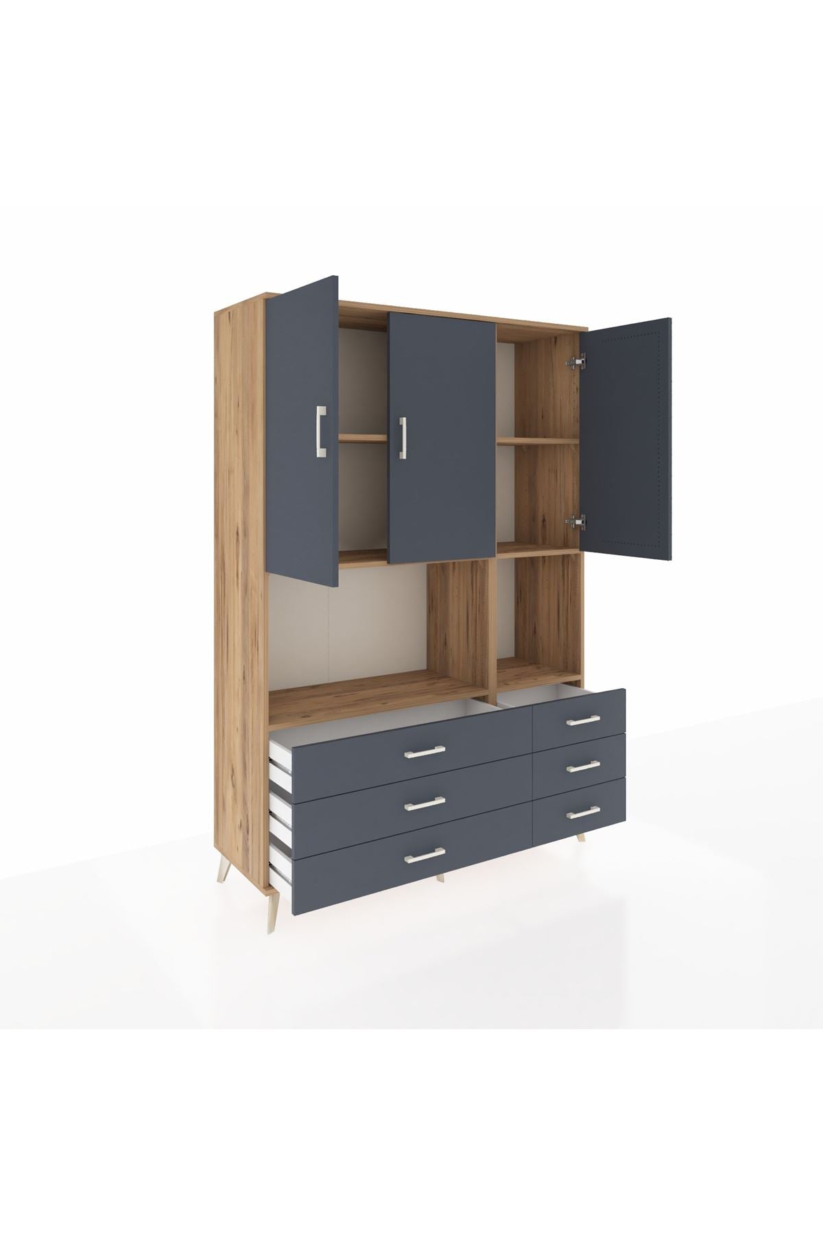 Hyperion Dolap 6 Raflı 6 Çekmeceli 3 Kapaklı 132x44x195 Çam-Antrasit/Antrasit