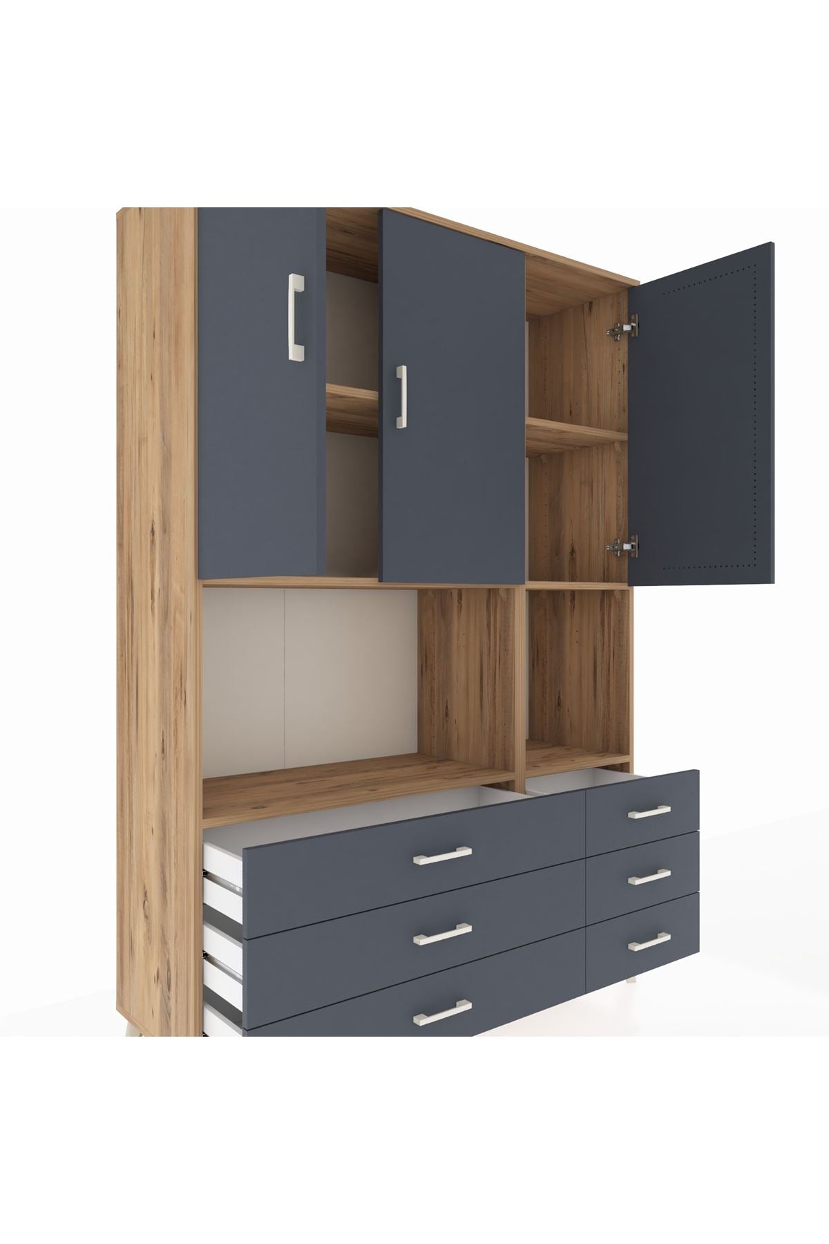 Hyperion Dolap 6 Raflı 6 Çekmeceli 3 Kapaklı 132x44x195 Çam-Antrasit/Antrasit
