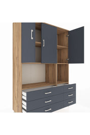 Hyperion Dolap 6 Raflı 6 Çekmeceli 3 Kapaklı 132x44x195 Çam-Antrasit/Antrasit
