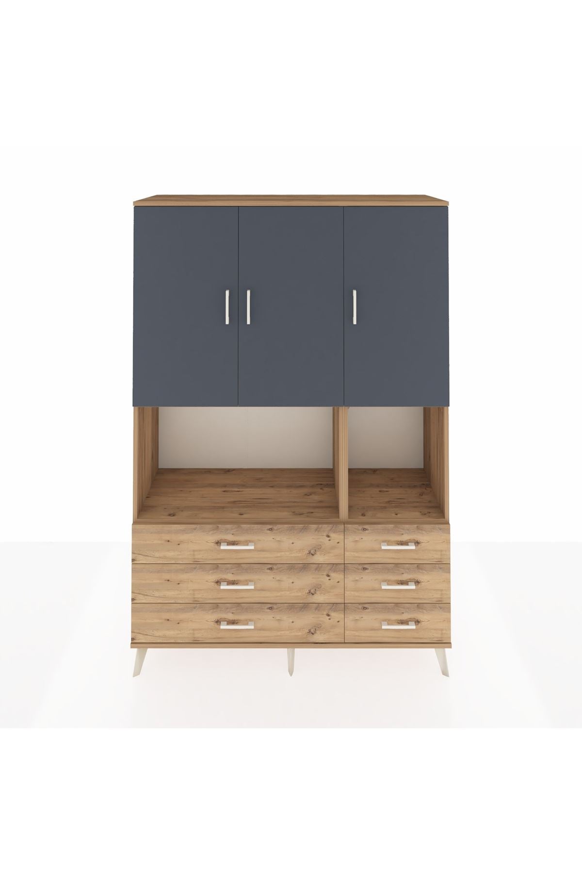 Hyperion Dolap 6 Raflı 6 Çekmeceli 3 Kapaklı 132x44x195 Çam-Antrasit/Çam