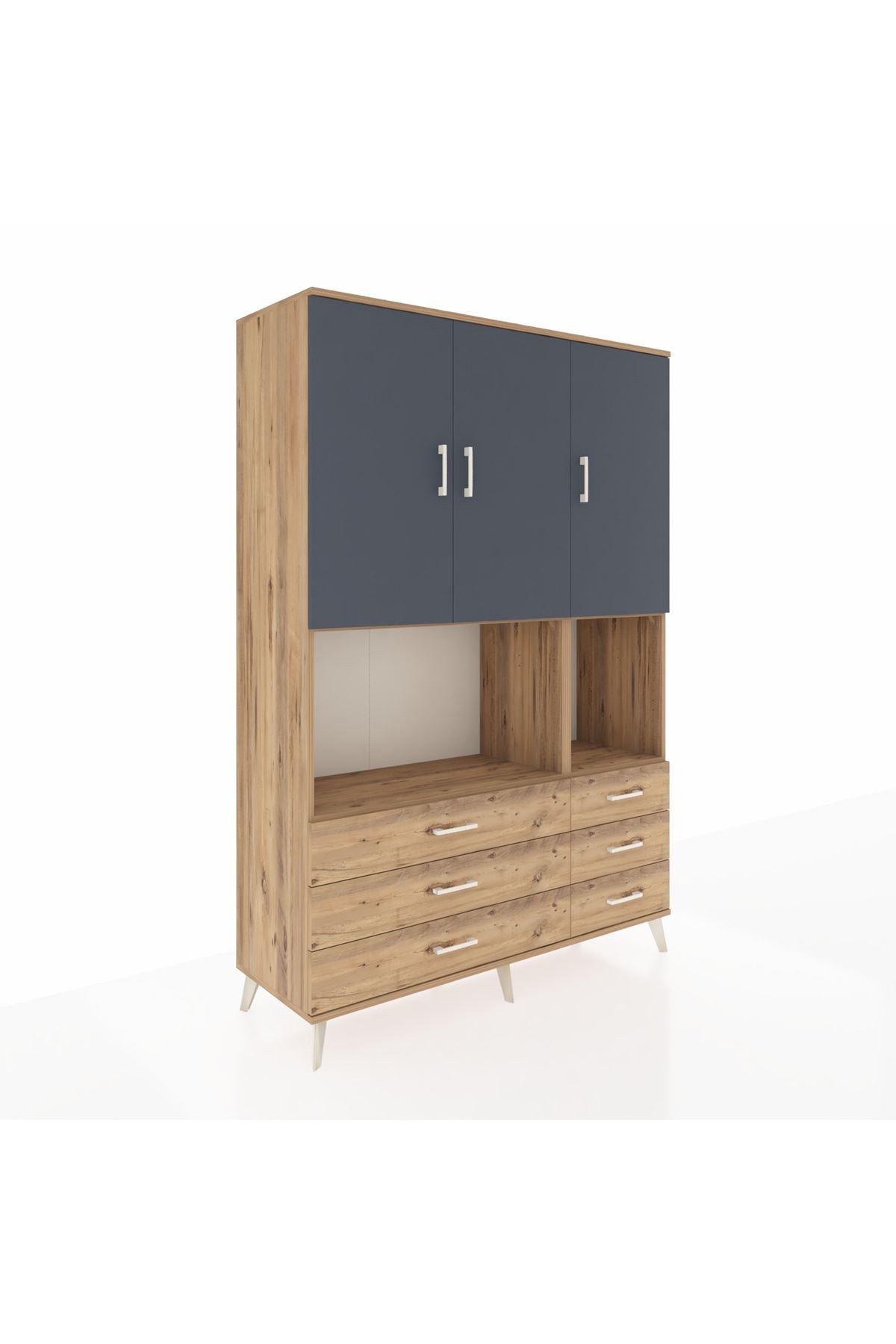 Hyperion Dolap 6 Raflı 6 Çekmeceli 3 Kapaklı 132x44x195 Çam-Antrasit/Çam