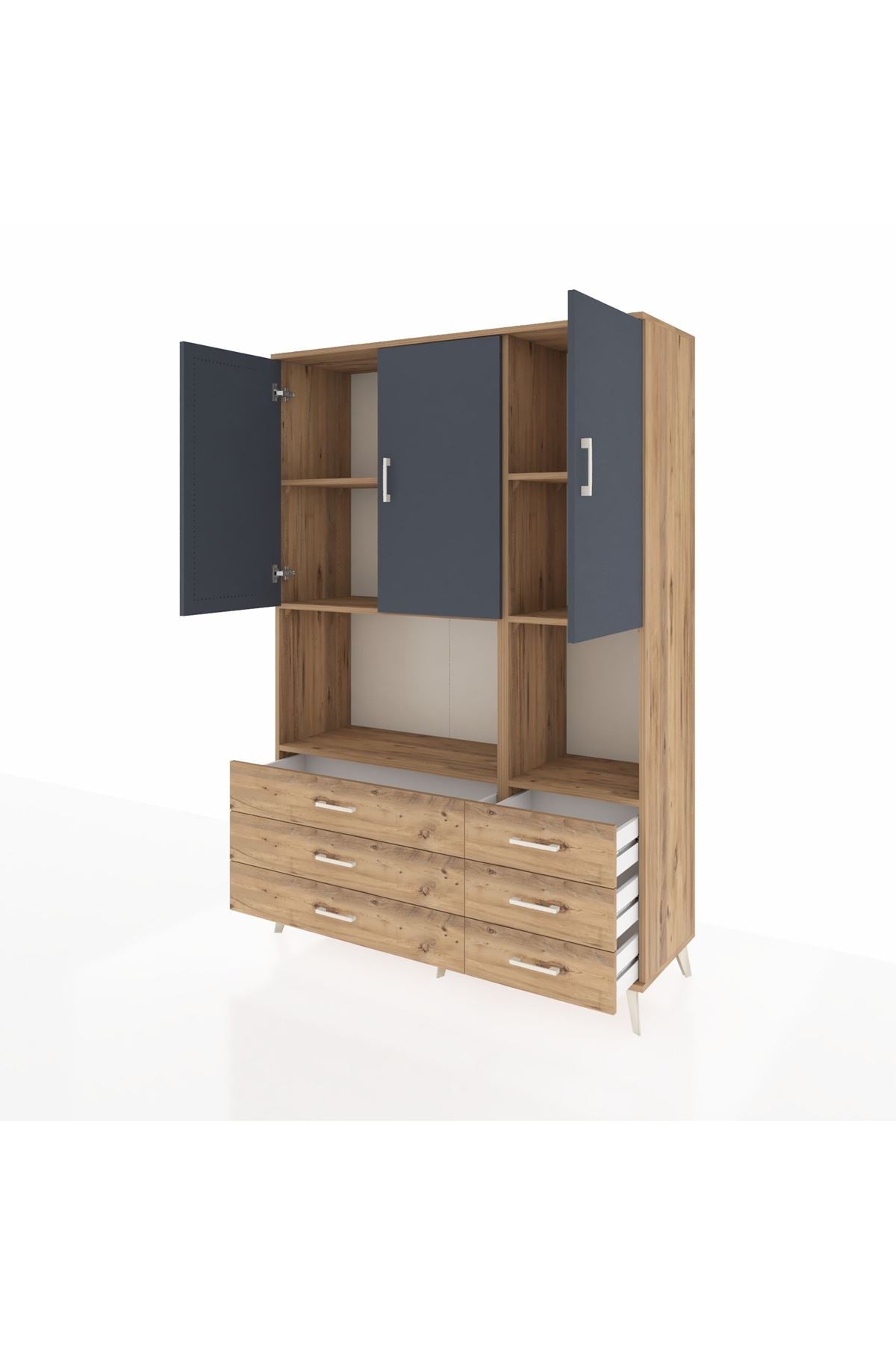 Hyperion Dolap 6 Raflı 6 Çekmeceli 3 Kapaklı 132x44x195 Çam-Antrasit/Çam