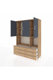 Hyperion Dolap 6 Raflı 6 Çekmeceli 3 Kapaklı 132x44x195 Çam-Antrasit/Çam
