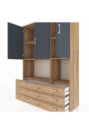 Hyperion Dolap 6 Raflı 6 Çekmeceli 3 Kapaklı 132x44x195 Çam-Antrasit/Çam