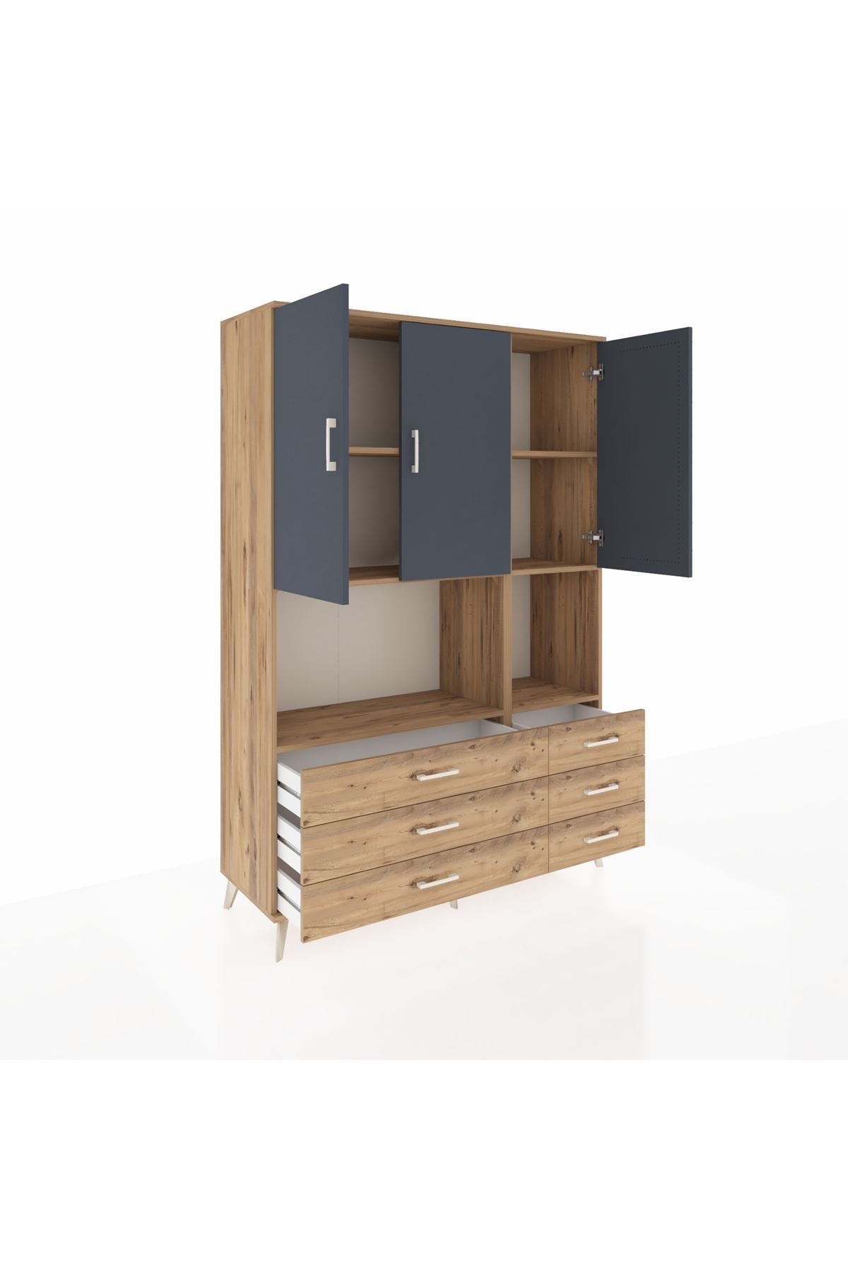 Hyperion Dolap 6 Raflı 6 Çekmeceli 3 Kapaklı 132x44x195 Çam-Antrasit/Çam