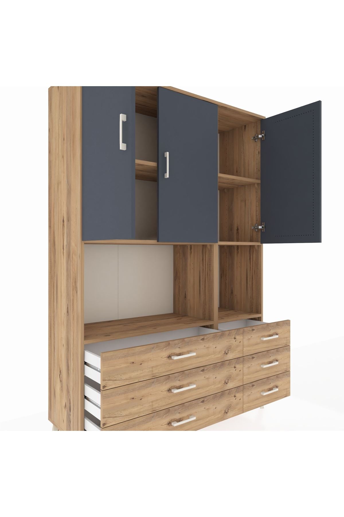Hyperion Dolap 6 Raflı 6 Çekmeceli 3 Kapaklı 132x44x195 Çam-Antrasit/Çam
