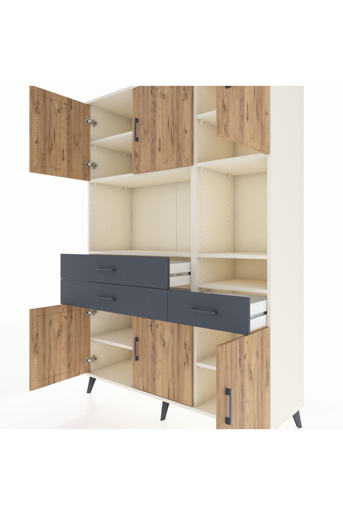 Hyperion Dolap 9 Raflı 3 Çekmeceli 6 Kapaklı 132x44x195 Aytaşı-Çam/Antrasit