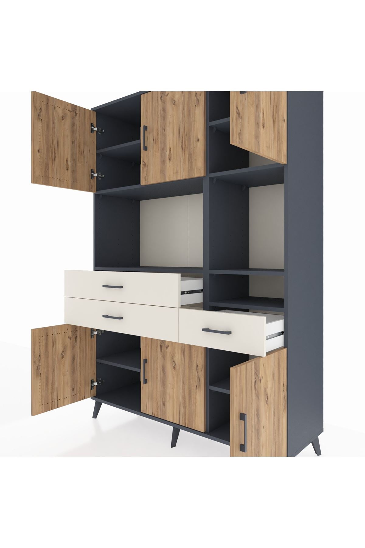 Hyperion Dolap 9 Raflı 3 Çekmeceli 6 Kapaklı 132x44x195 Antrasit-Çam/Aytaşı