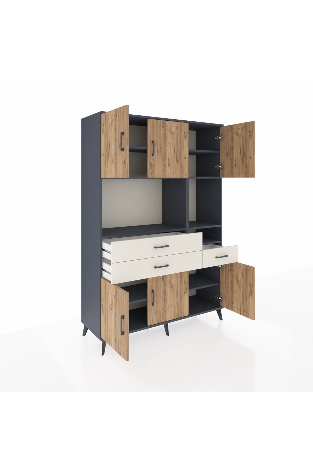 Hyperion Dolap 9 Raflı 3 Çekmeceli 6 Kapaklı 132x44x195 Antrasit-Çam/Aytaşı