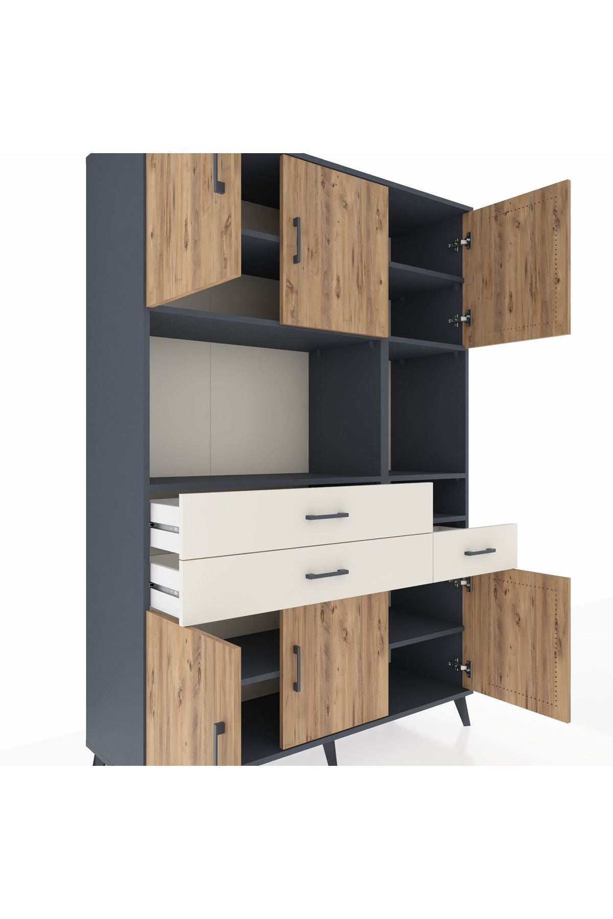 Hyperion Dolap 9 Raflı 3 Çekmeceli 6 Kapaklı 132x44x195 Antrasit-Çam/Aytaşı