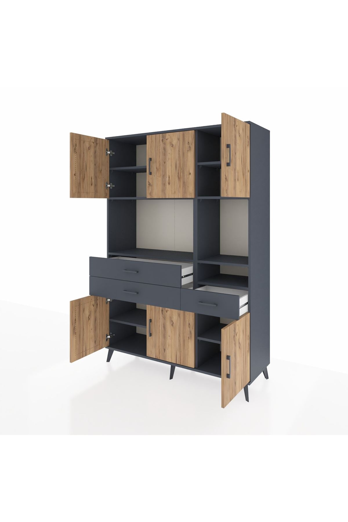 Hyperion Dolap 9 Raflı 3 Çekmeceli 6 Kapaklı 132x44x195 Antrasit-Çam/Antrasit