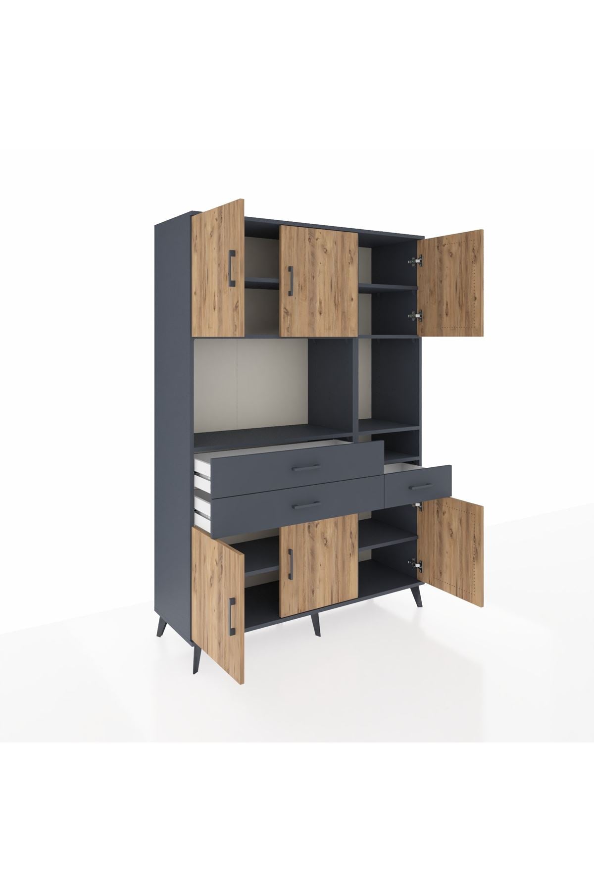 Hyperion Dolap 9 Raflı 3 Çekmeceli 6 Kapaklı 132x44x195 Antrasit-Çam/Antrasit