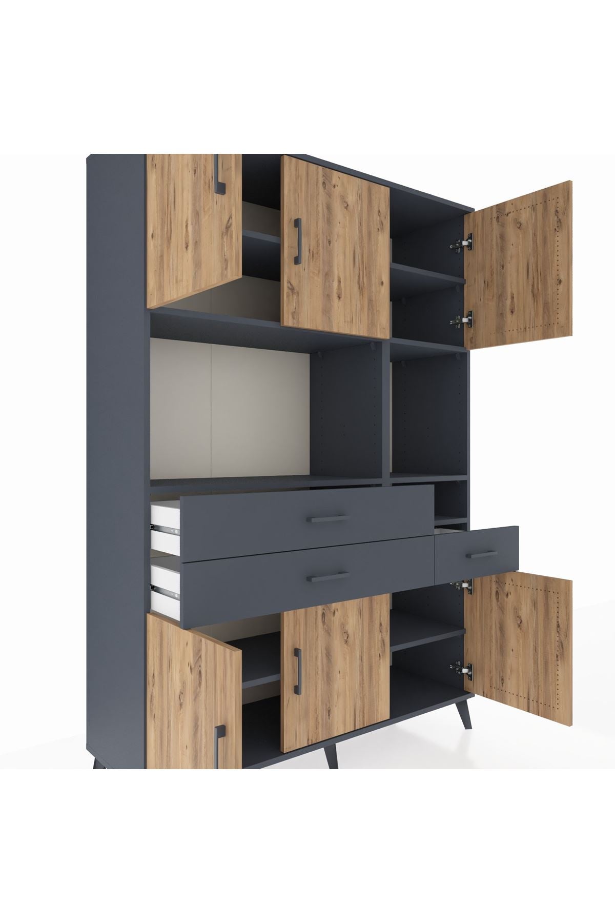 Hyperion Dolap 9 Raflı 3 Çekmeceli 6 Kapaklı 132x44x195 Antrasit-Çam/Antrasit