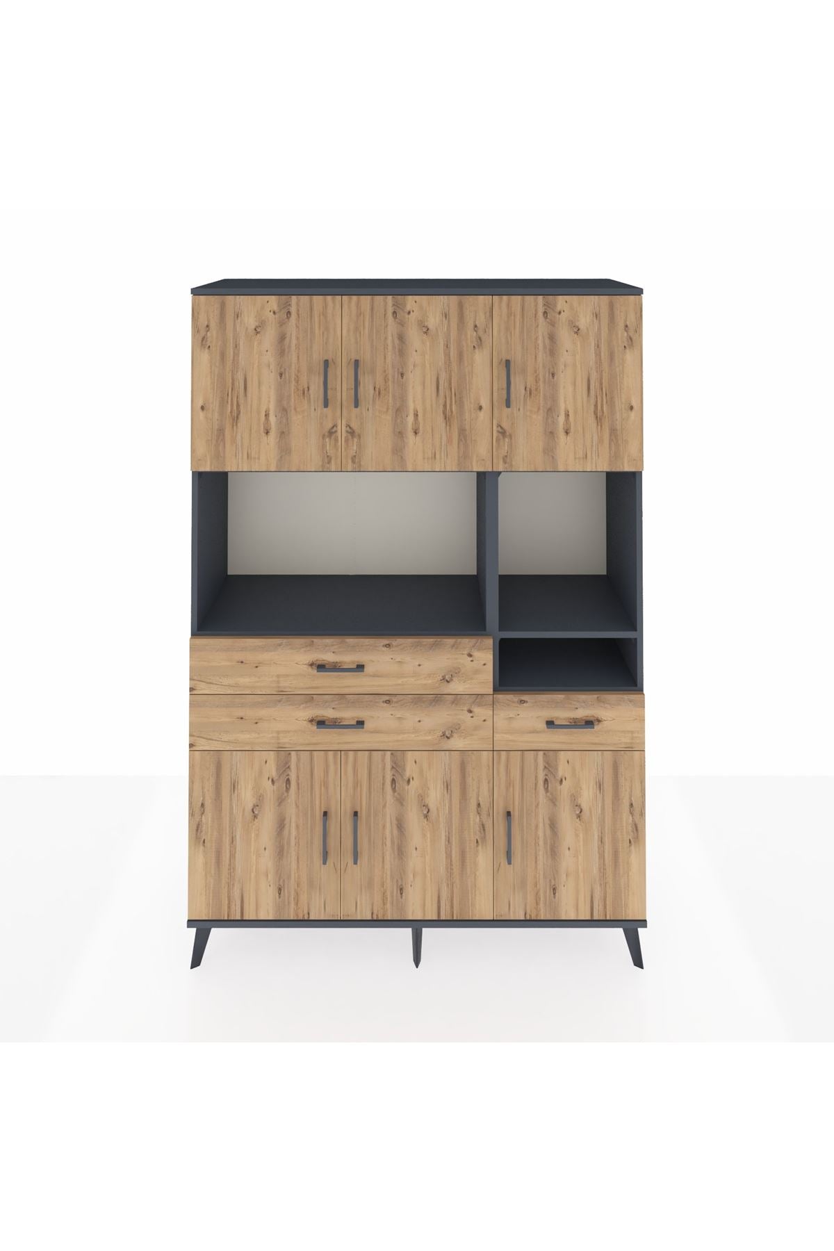 Hyperion Dolap 9 Raflı 3 Çekmeceli 6 Kapaklı 132x44x195 Antrasit-Çam/Çam