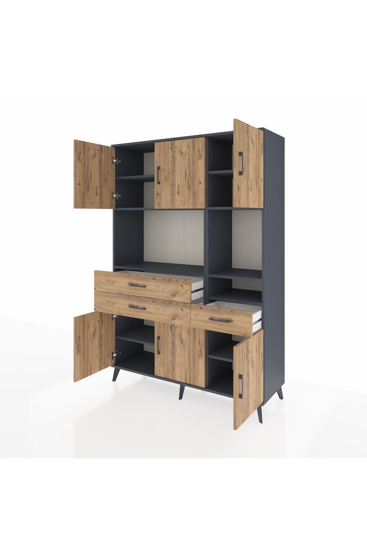 Hyperion Dolap 9 Raflı 3 Çekmeceli 6 Kapaklı 132x44x195 Antrasit-Çam/Çam