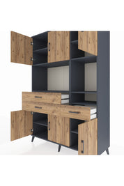 Hyperion Dolap 9 Raflı 3 Çekmeceli 6 Kapaklı 132x44x195 Antrasit-Çam/Çam