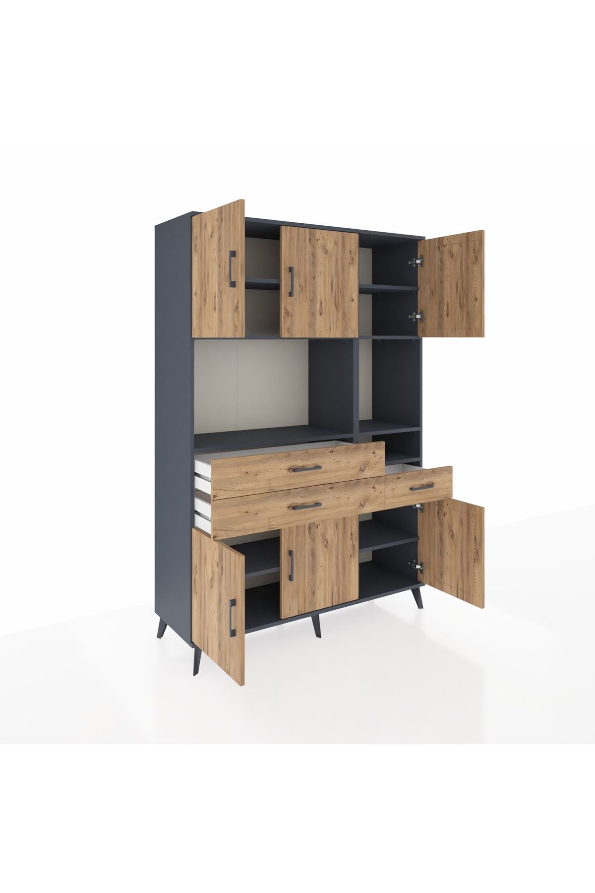 Hyperion Dolap 9 Raflı 3 Çekmeceli 6 Kapaklı 132x44x195 Antrasit-Çam/Çam