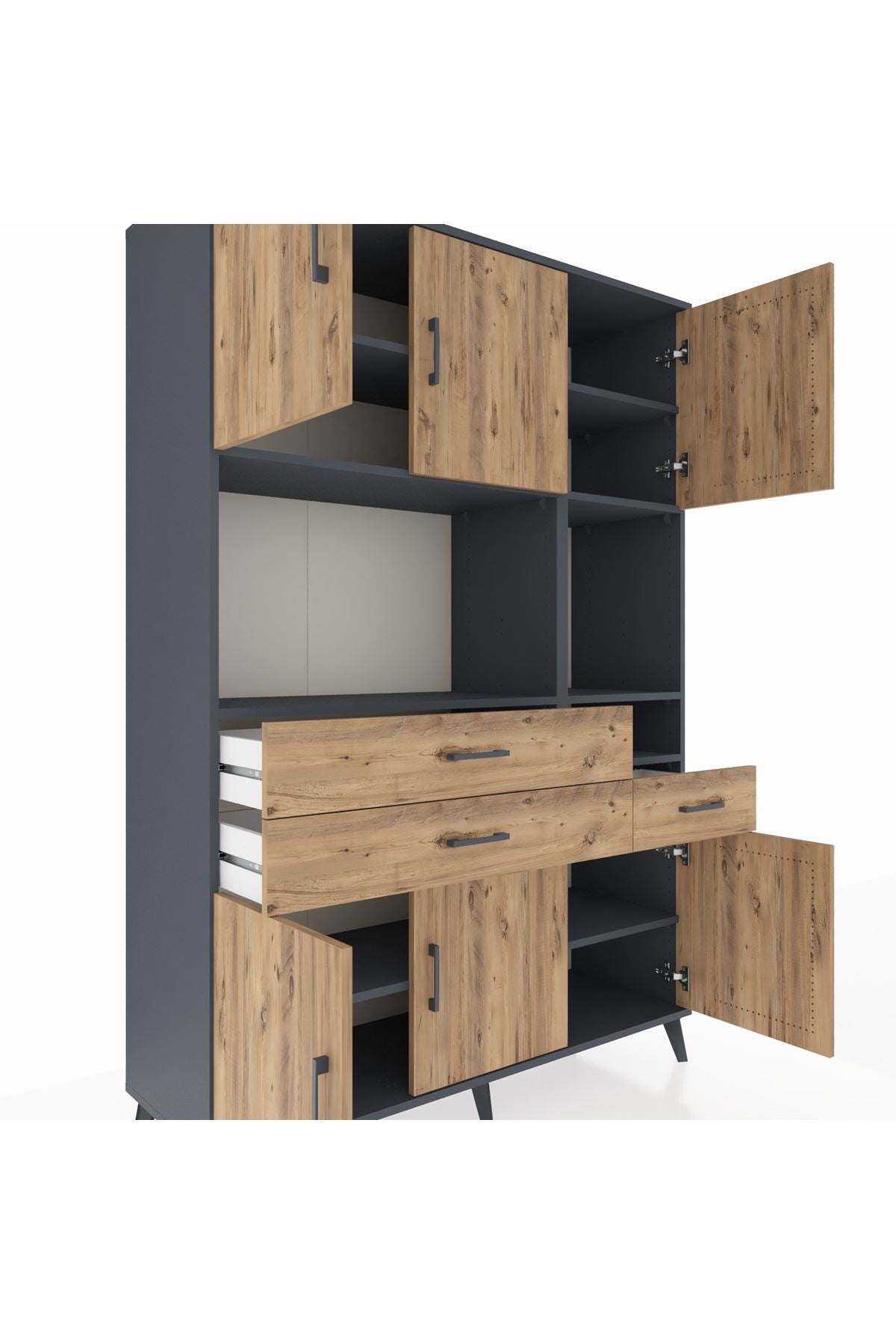 Hyperion Dolap 9 Raflı 3 Çekmeceli 6 Kapaklı 132x44x195 Antrasit-Çam/Çam