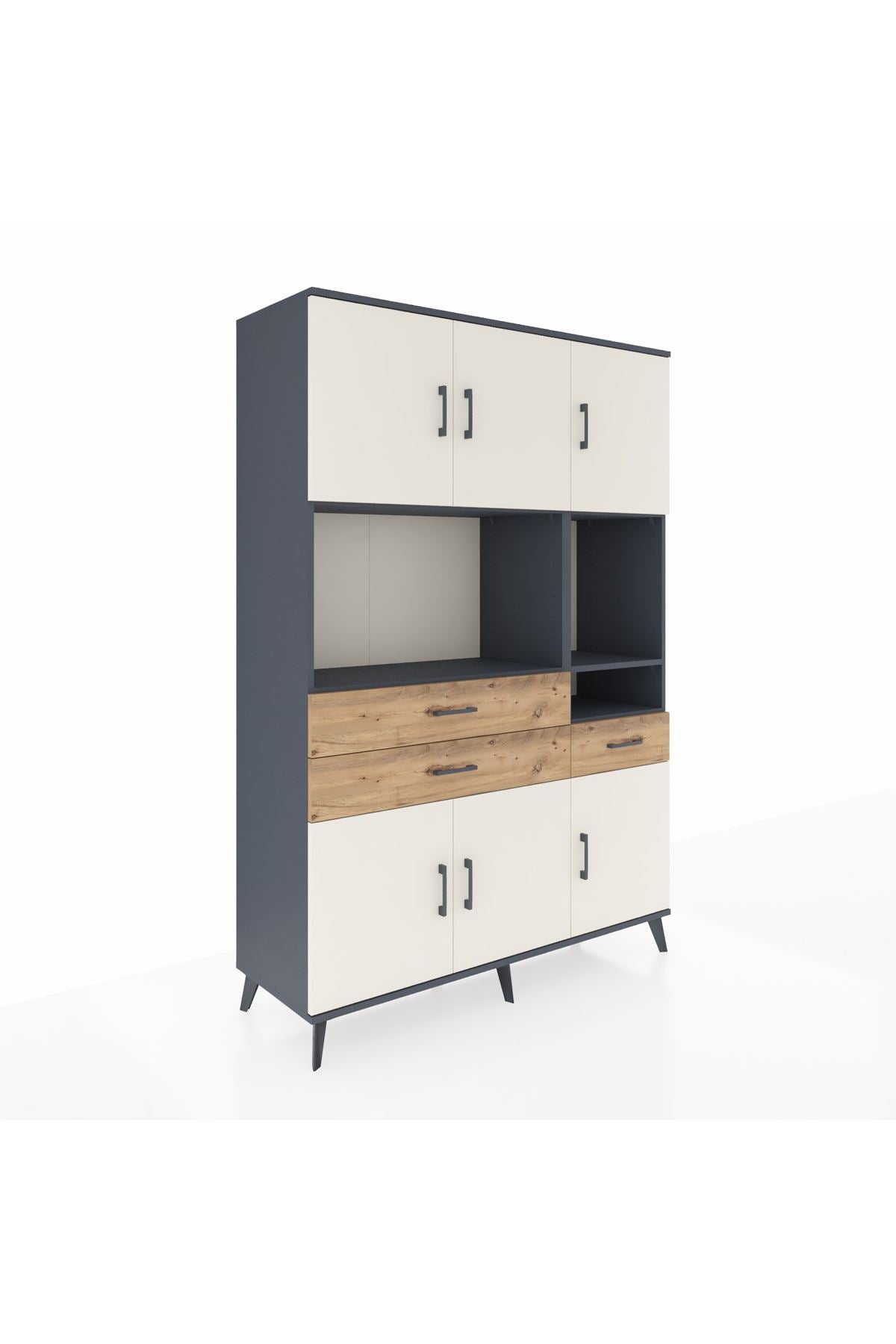 Hyperion Dolap 9 Raflı 3 Çekmeceli 6 Kapaklı 132x44x195 Antrasit-Aytaşı/Çam