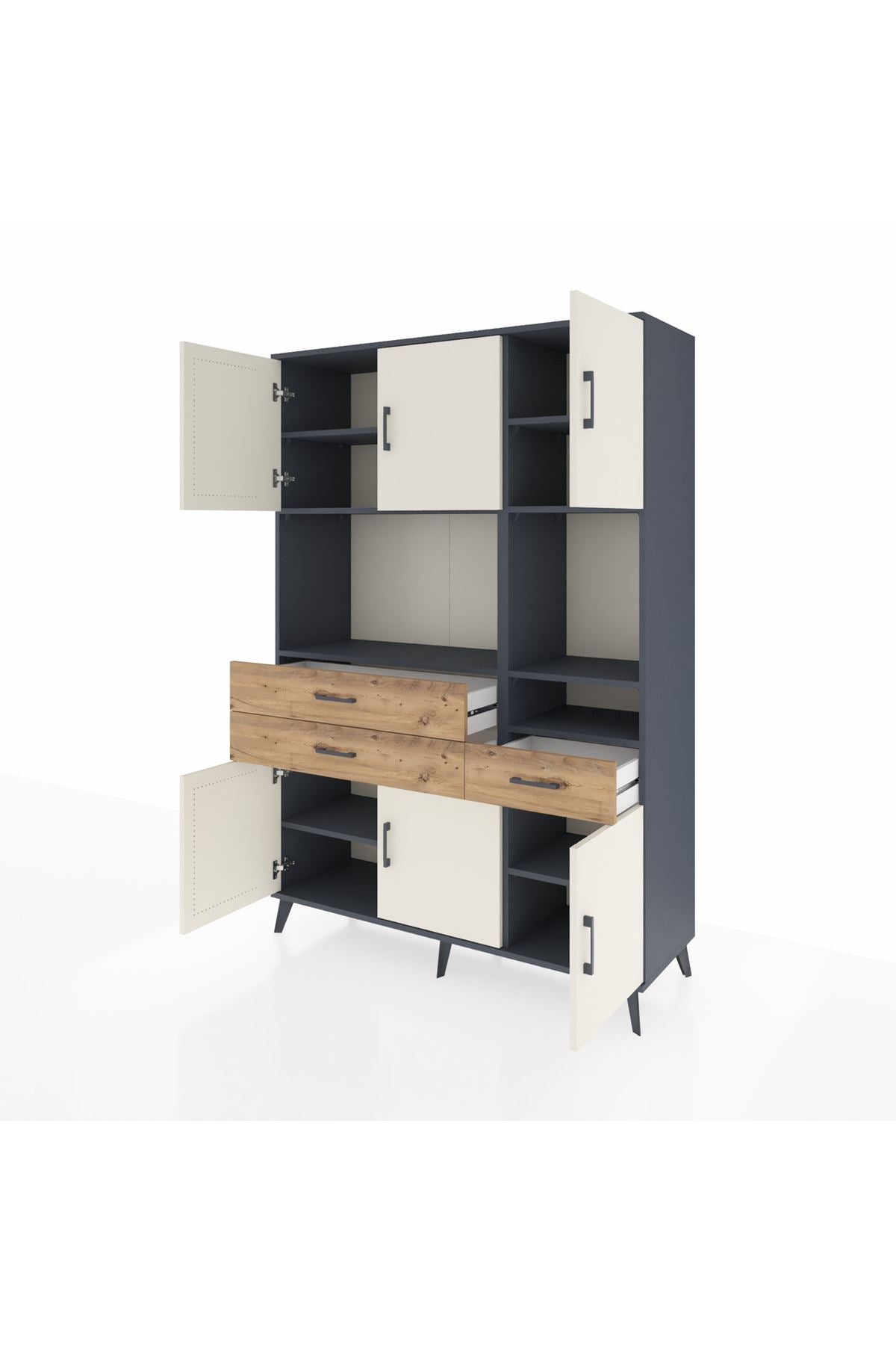 Hyperion Dolap 9 Raflı 3 Çekmeceli 6 Kapaklı 132x44x195 Antrasit-Aytaşı/Çam