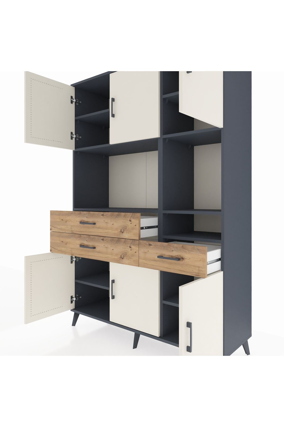 Hyperion Dolap 9 Raflı 3 Çekmeceli 6 Kapaklı 132x44x195 Antrasit-Aytaşı/Çam