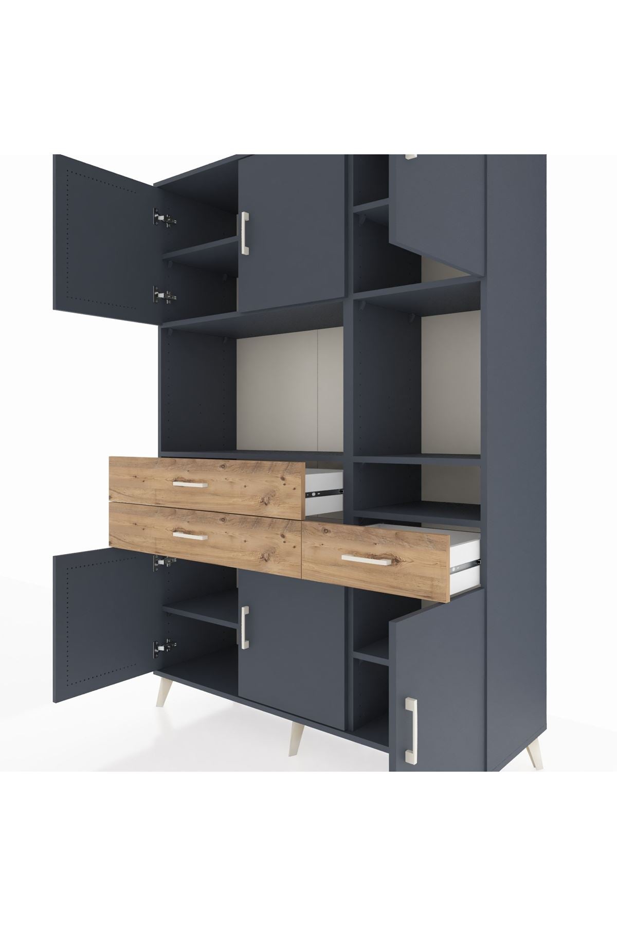 Hyperion Dolap 9 Raflı 3 Çekmeceli 6 Kapaklı 132x44x195 Antrasit-Antrasit/Çam