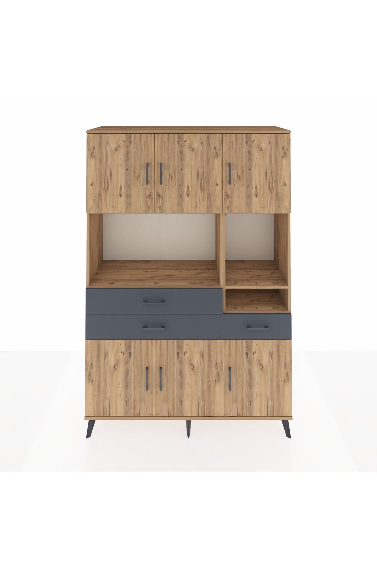 Hyperion Dolap 9 Raflı 3 Çekmeceli 6 Kapaklı 132x44x195 Çam-Çam/Antrasit